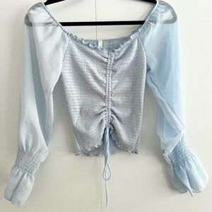NWT Light Blue Smocked Ruching Tie Blouse
